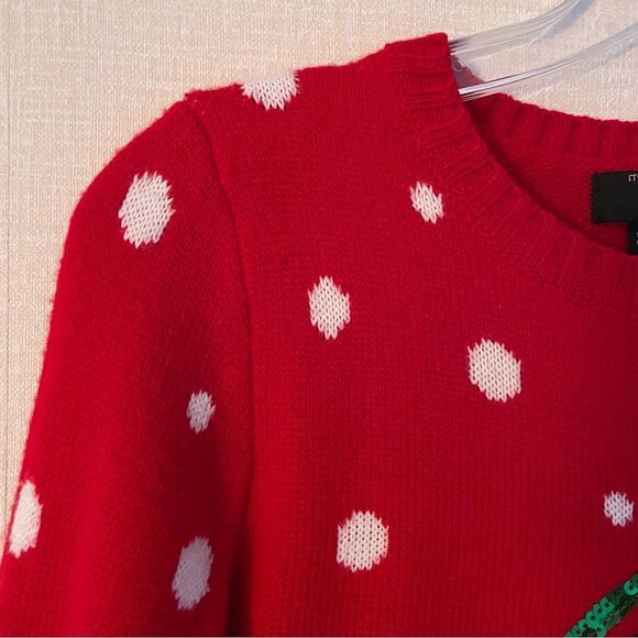 Penguin Plush Appliqué Crewneck Girl’s Red Christmas Sweater, White Polk… - Picture 4 of 10